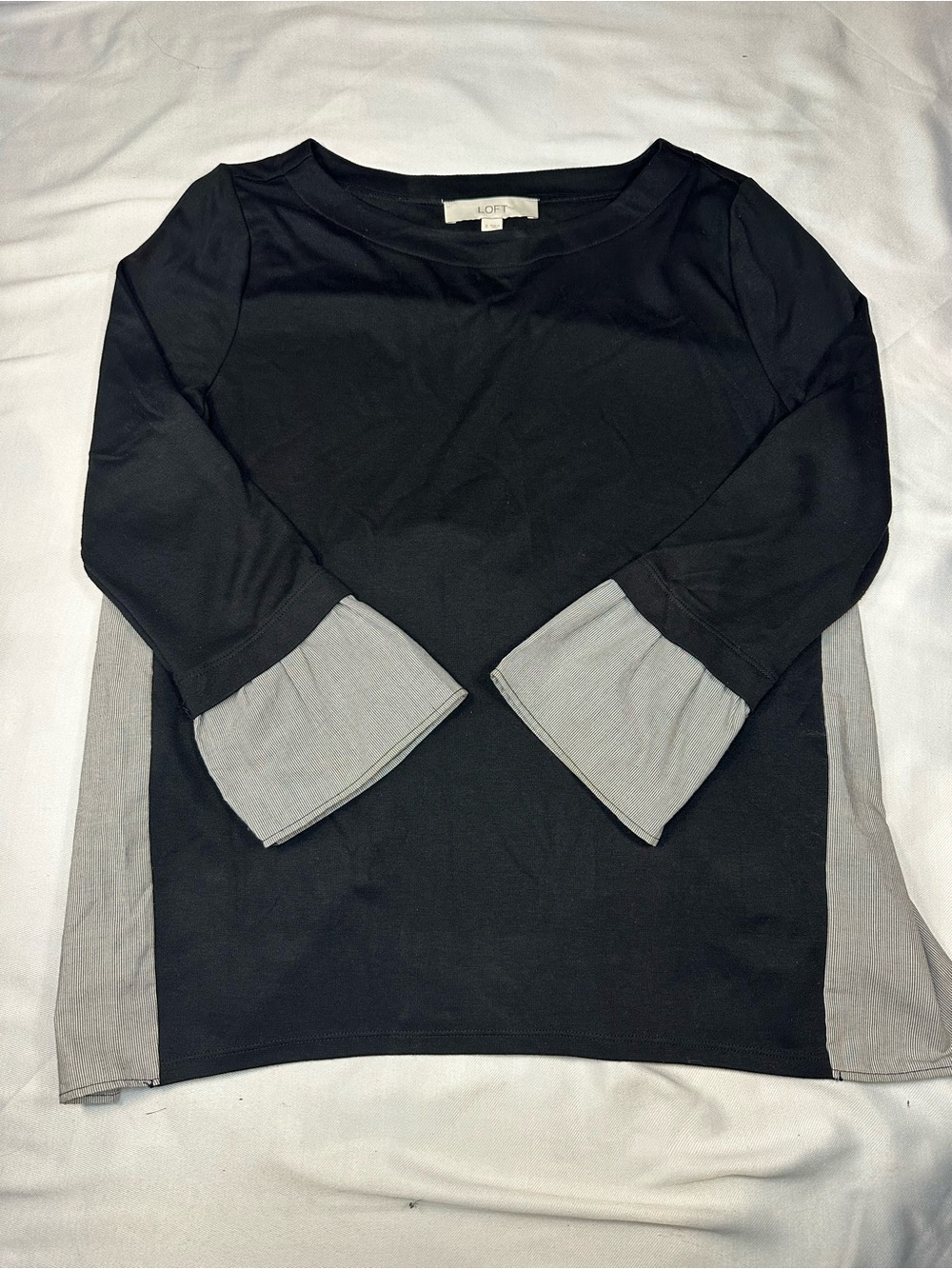 LOFT Black Top with Gray Side/Back Panels and Gray Cuffed Sleeves